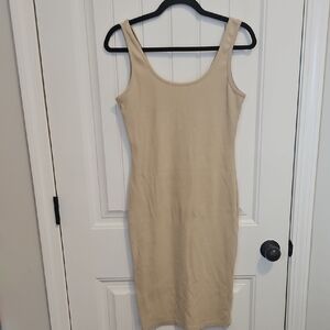 Tan Ribbed Sleeveless Sheath Midi Dress
